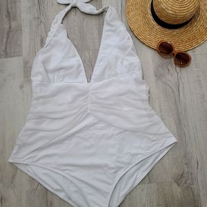 ASOS DESIGN Curve ruched waist plunge swimsuit in white